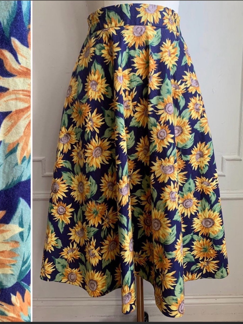 Vintage Navy Sunflower Midi Skirt - Women's Floral A-Line